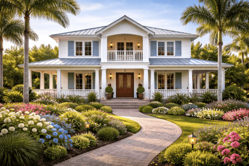 casa azul con jardín, barandales y ventanas