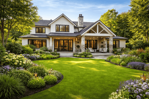 Casa grande con jardín y ventanales